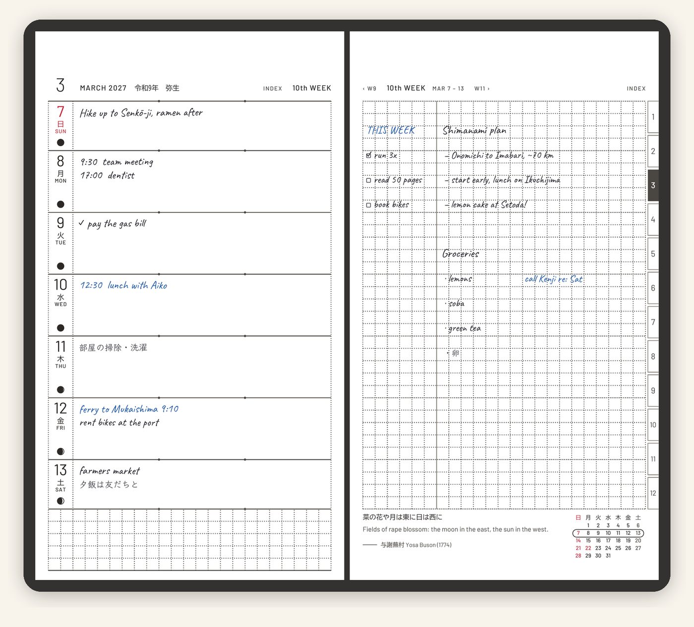 A weekly spread with sample entries: the days with moon phases on the left, a dotted notes grid with a weekly quote and a month calendar on the right.